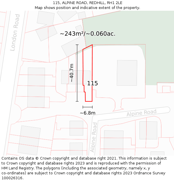 115, ALPINE ROAD, REDHILL, RH1 2LE: Plot and title map