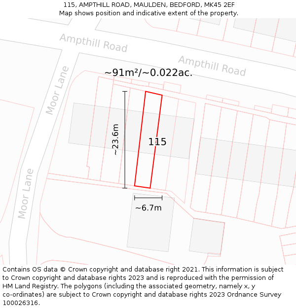 115, AMPTHILL ROAD, MAULDEN, BEDFORD, MK45 2EF: Plot and title map