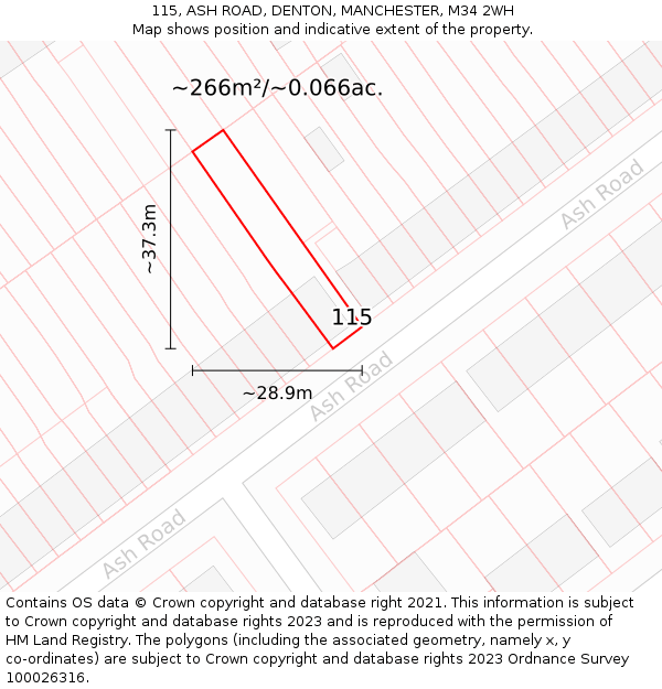115, ASH ROAD, DENTON, MANCHESTER, M34 2WH: Plot and title map