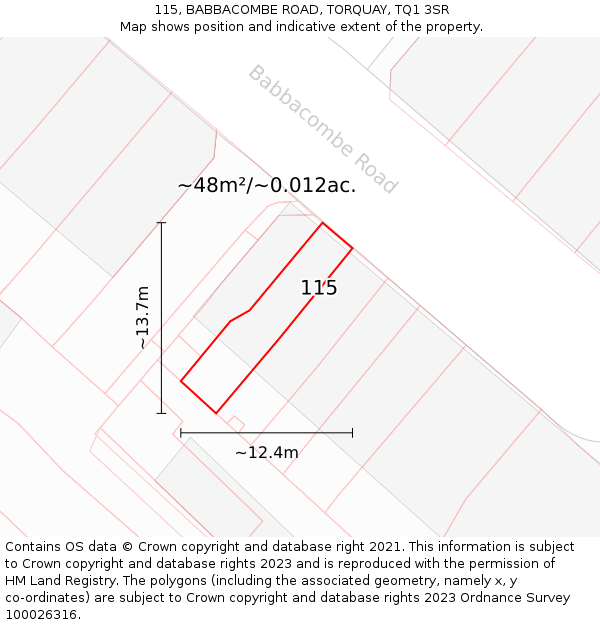 115, BABBACOMBE ROAD, TORQUAY, TQ1 3SR: Plot and title map
