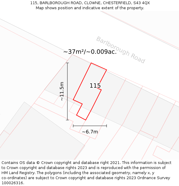 115, BARLBOROUGH ROAD, CLOWNE, CHESTERFIELD, S43 4QX: Plot and title map