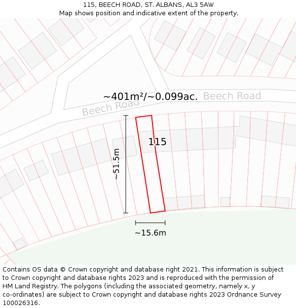 115, BEECH ROAD, ST ALBANS, AL3 5AW: Plot and title map