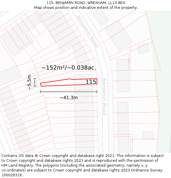 115, BENJAMIN ROAD, WREXHAM, LL13 8EG: Plot and title map