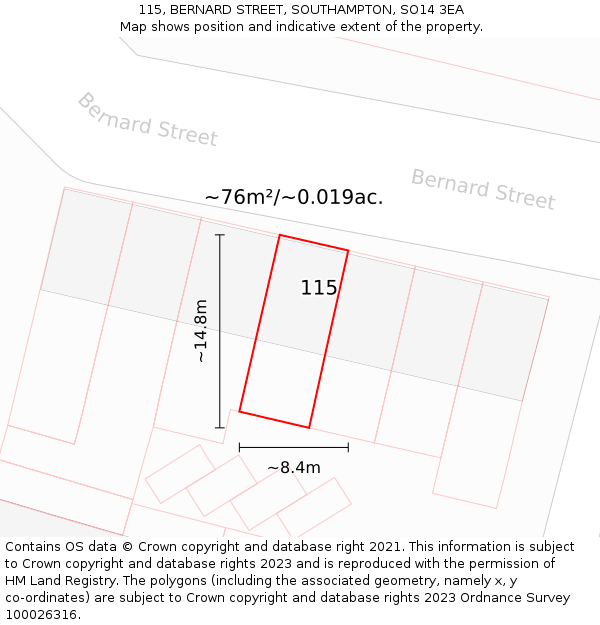 115, BERNARD STREET, SOUTHAMPTON, SO14 3EA: Plot and title map