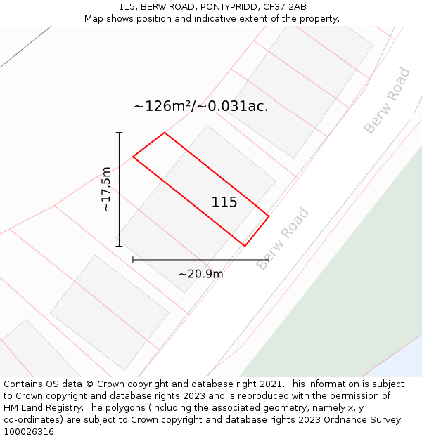 115, BERW ROAD, PONTYPRIDD, CF37 2AB: Plot and title map