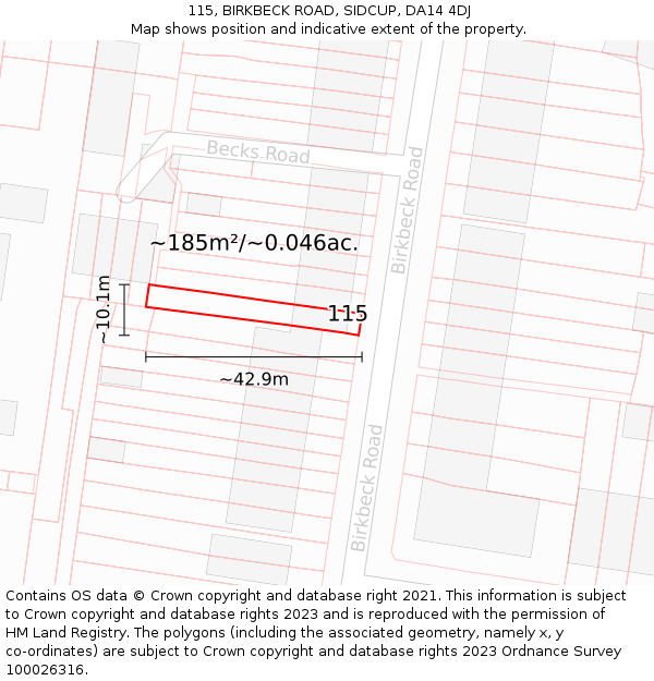 115, BIRKBECK ROAD, SIDCUP, DA14 4DJ: Plot and title map