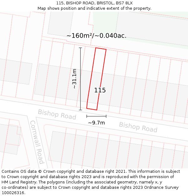 115, BISHOP ROAD, BRISTOL, BS7 8LX: Plot and title map