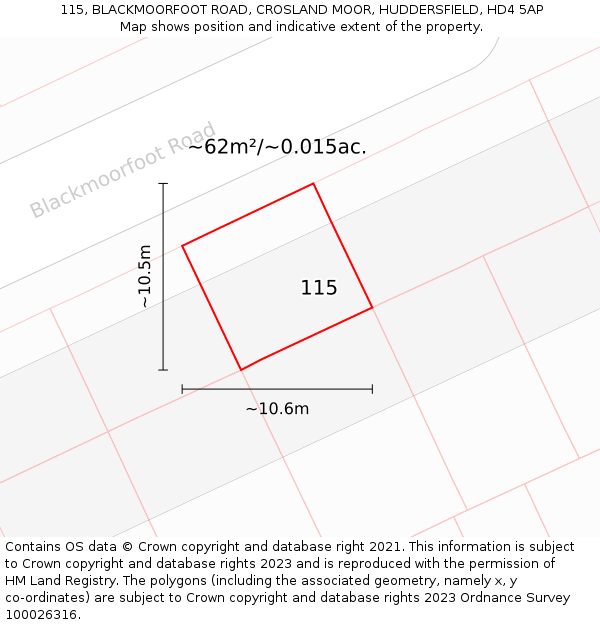 115, BLACKMOORFOOT ROAD, CROSLAND MOOR, HUDDERSFIELD, HD4 5AP: Plot and title map