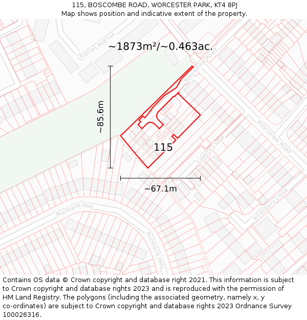 115, BOSCOMBE ROAD, WORCESTER PARK, KT4 8PJ: Plot and title map