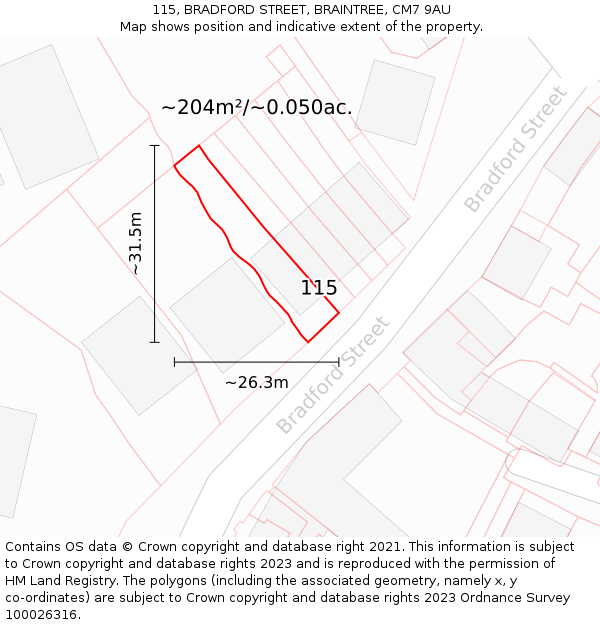 115, BRADFORD STREET, BRAINTREE, CM7 9AU: Plot and title map