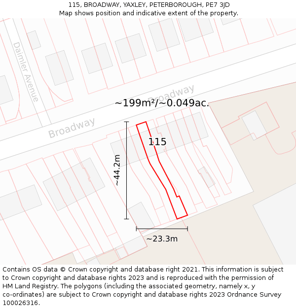 115, BROADWAY, YAXLEY, PETERBOROUGH, PE7 3JD: Plot and title map