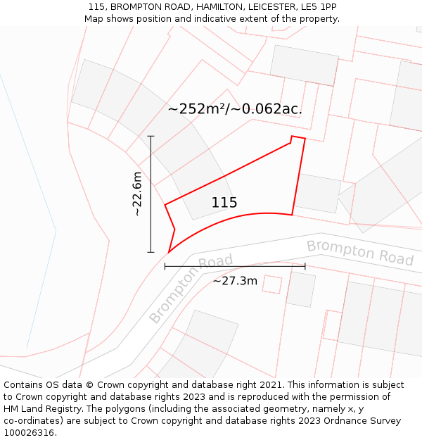 115, BROMPTON ROAD, HAMILTON, LEICESTER, LE5 1PP: Plot and title map