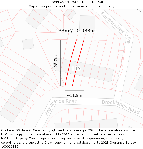 115, BROOKLANDS ROAD, HULL, HU5 5AE: Plot and title map