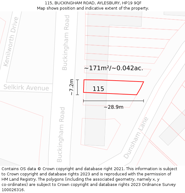 115, BUCKINGHAM ROAD, AYLESBURY, HP19 9QF: Plot and title map