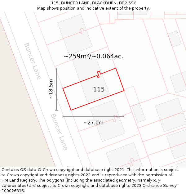 115, BUNCER LANE, BLACKBURN, BB2 6SY: Plot and title map