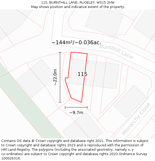 115, BURNTHILL LANE, RUGELEY, WS15 2HW: Plot and title map