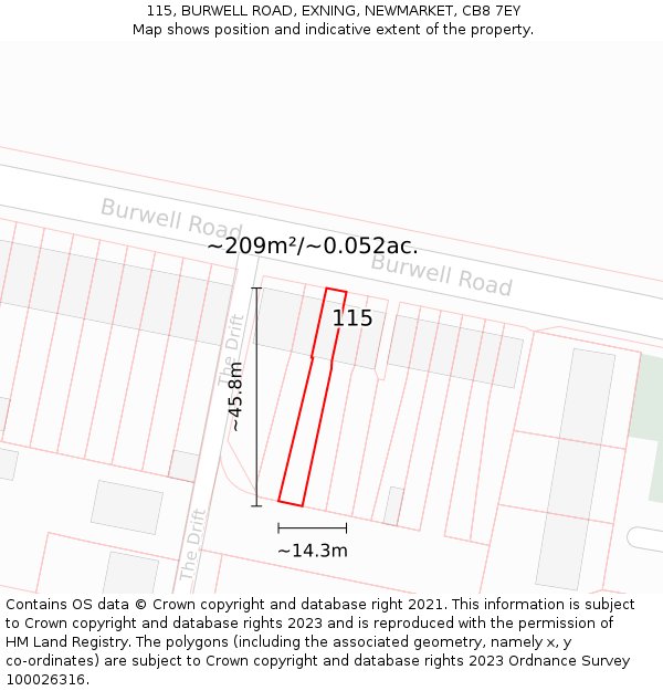 115, BURWELL ROAD, EXNING, NEWMARKET, CB8 7EY: Plot and title map