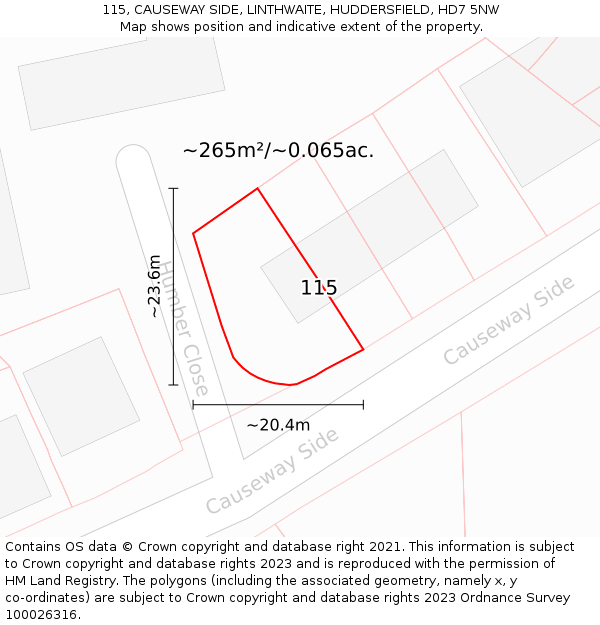 115, CAUSEWAY SIDE, LINTHWAITE, HUDDERSFIELD, HD7 5NW: Plot and title map