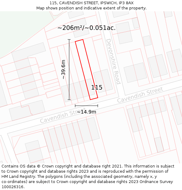 115, CAVENDISH STREET, IPSWICH, IP3 8AX: Plot and title map