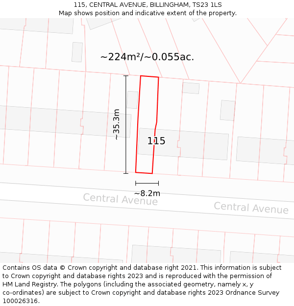 115, CENTRAL AVENUE, BILLINGHAM, TS23 1LS: Plot and title map