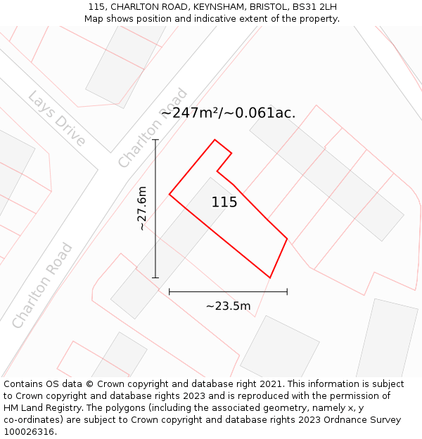115, CHARLTON ROAD, KEYNSHAM, BRISTOL, BS31 2LH: Plot and title map