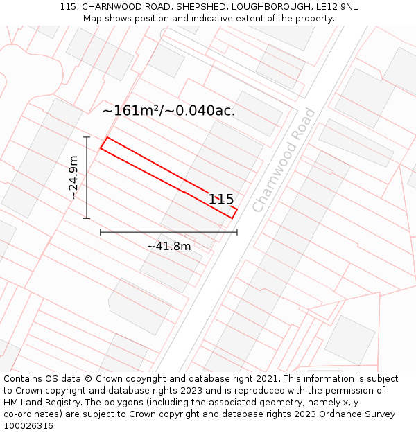 115, CHARNWOOD ROAD, SHEPSHED, LOUGHBOROUGH, LE12 9NL: Plot and title map