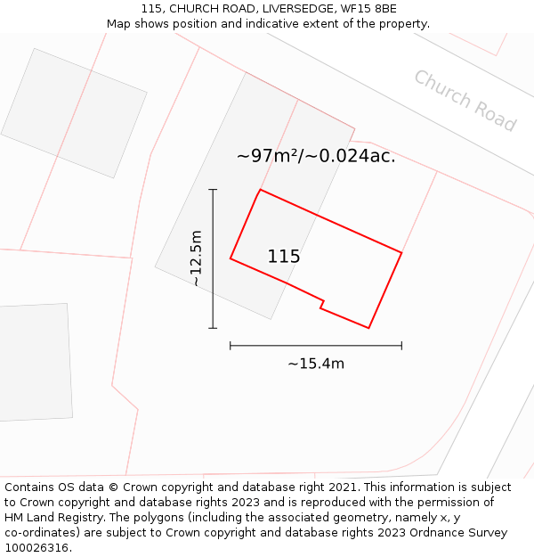 115, CHURCH ROAD, LIVERSEDGE, WF15 8BE: Plot and title map