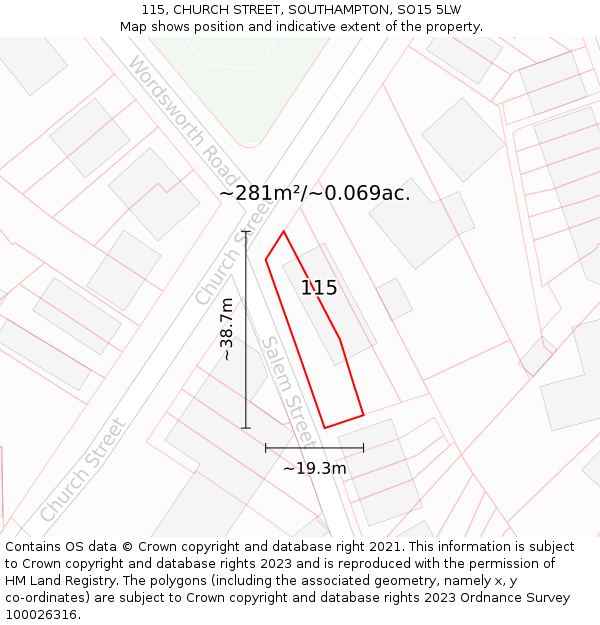 115, CHURCH STREET, SOUTHAMPTON, SO15 5LW: Plot and title map