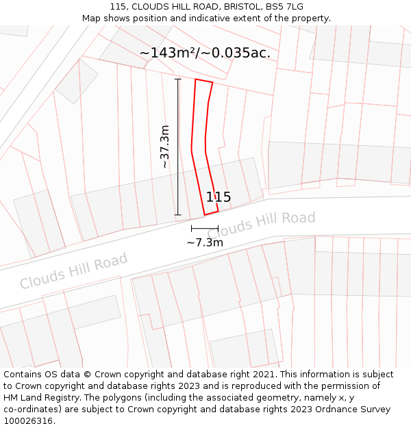115, CLOUDS HILL ROAD, BRISTOL, BS5 7LG: Plot and title map