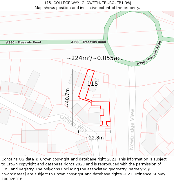 115, COLLEGE WAY, GLOWETH, TRURO, TR1 3WJ: Plot and title map