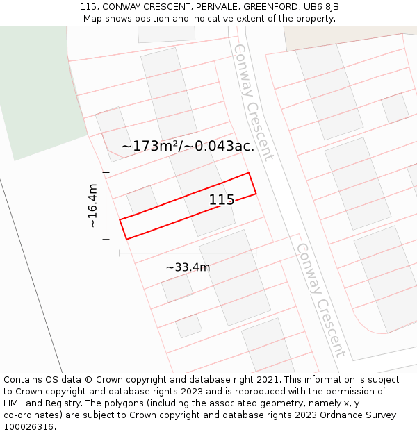 115, CONWAY CRESCENT, PERIVALE, GREENFORD, UB6 8JB: Plot and title map