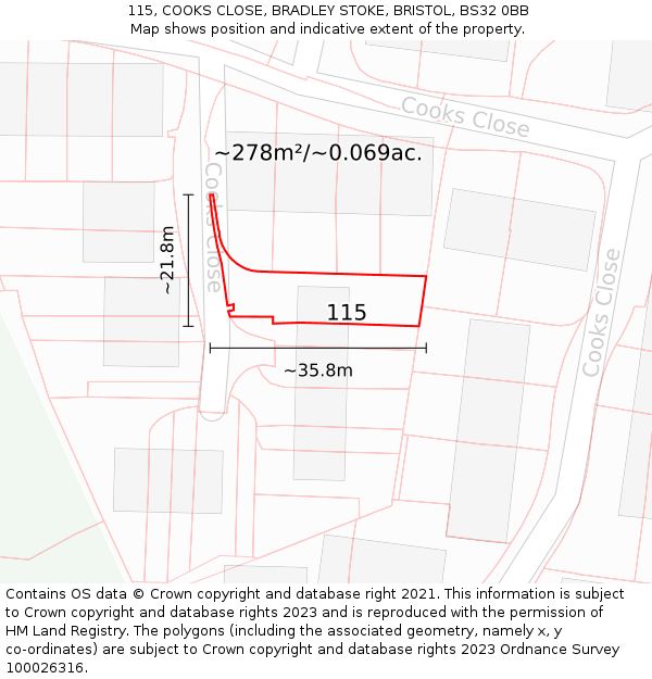 115, COOKS CLOSE, BRADLEY STOKE, BRISTOL, BS32 0BB: Plot and title map
