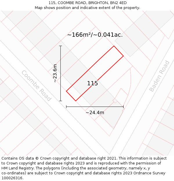 115, COOMBE ROAD, BRIGHTON, BN2 4ED: Plot and title map