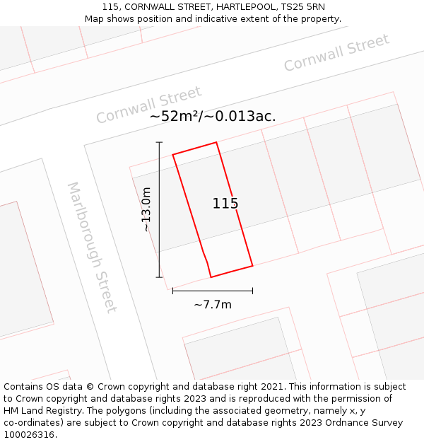 115, CORNWALL STREET, HARTLEPOOL, TS25 5RN: Plot and title map