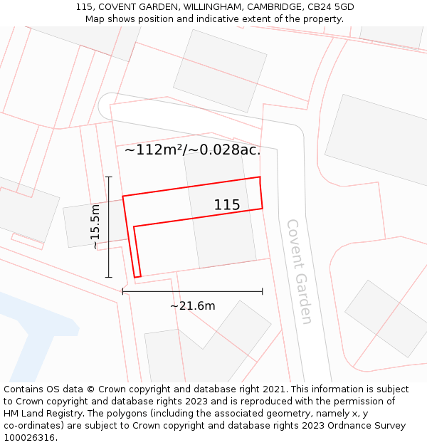 115, COVENT GARDEN, WILLINGHAM, CAMBRIDGE, CB24 5GD: Plot and title map