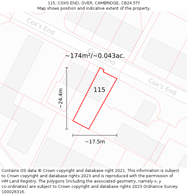 115, COXS END, OVER, CAMBRIDGE, CB24 5TY: Plot and title map