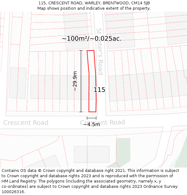 115, CRESCENT ROAD, WARLEY, BRENTWOOD, CM14 5JB: Plot and title map