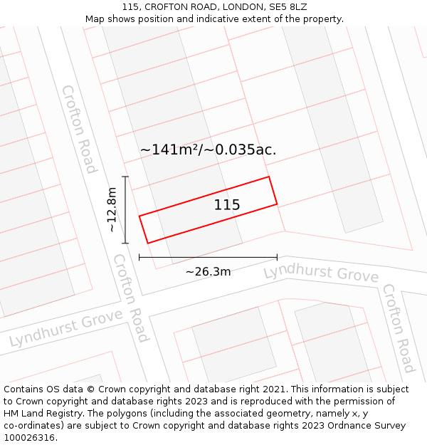 115, CROFTON ROAD, LONDON, SE5 8LZ: Plot and title map