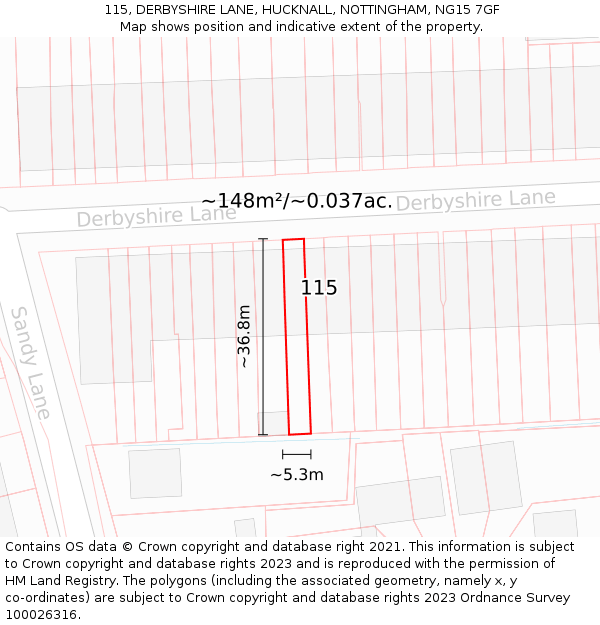115, DERBYSHIRE LANE, HUCKNALL, NOTTINGHAM, NG15 7GF: Plot and title map