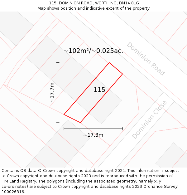 115, DOMINION ROAD, WORTHING, BN14 8LG: Plot and title map
