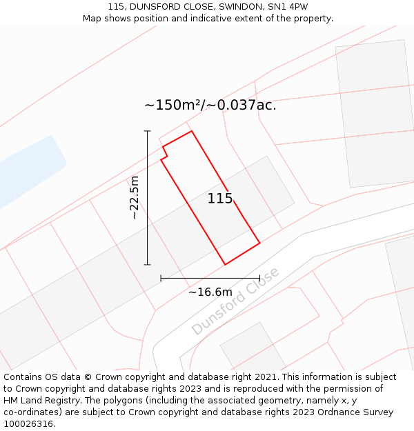 115, DUNSFORD CLOSE, SWINDON, SN1 4PW: Plot and title map