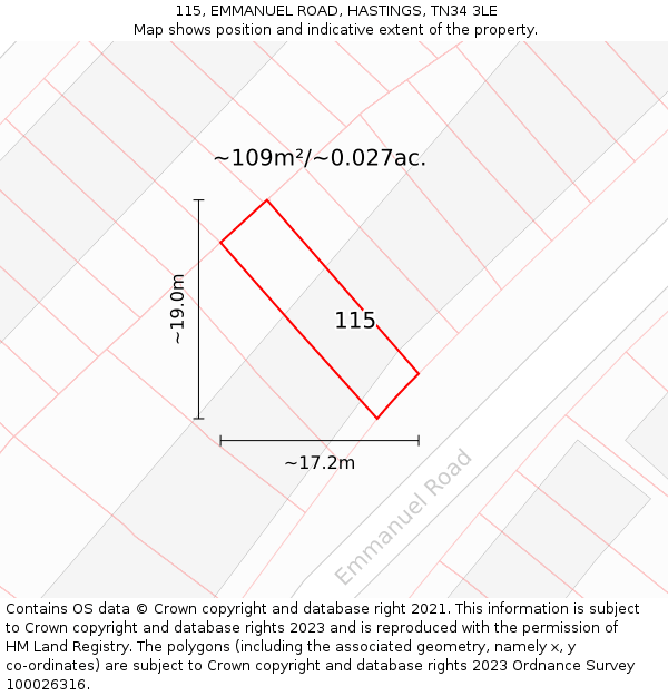 115, EMMANUEL ROAD, HASTINGS, TN34 3LE: Plot and title map