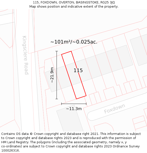 115, FOXDOWN, OVERTON, BASINGSTOKE, RG25 3JQ: Plot and title map