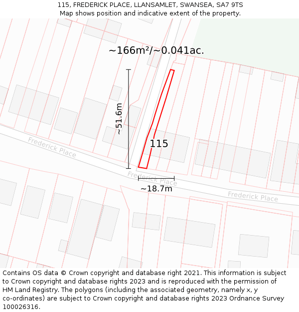 115, FREDERICK PLACE, LLANSAMLET, SWANSEA, SA7 9TS: Plot and title map