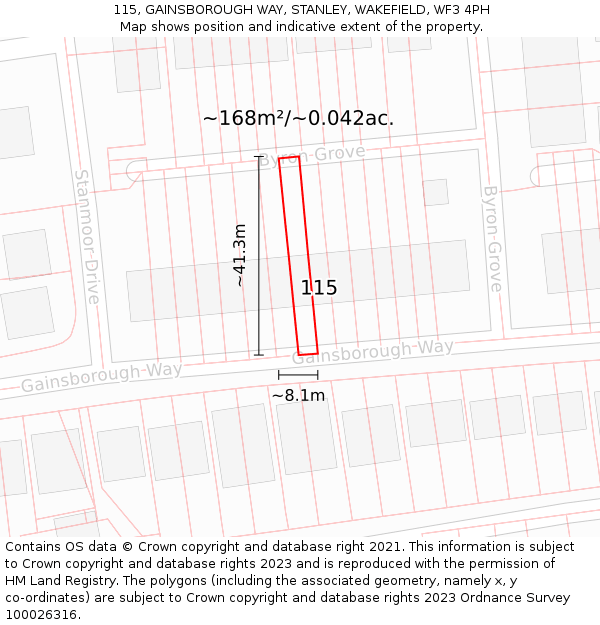 115, GAINSBOROUGH WAY, STANLEY, WAKEFIELD, WF3 4PH: Plot and title map