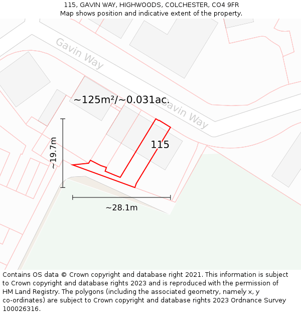 115, GAVIN WAY, HIGHWOODS, COLCHESTER, CO4 9FR: Plot and title map