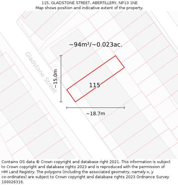 115, GLADSTONE STREET, ABERTILLERY, NP13 1NE: Plot and title map