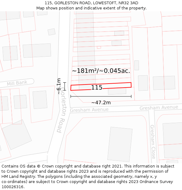 115, GORLESTON ROAD, LOWESTOFT, NR32 3AD: Plot and title map