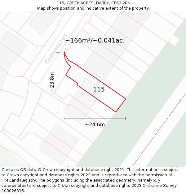 115, GREENACRES, BARRY, CF63 2PN: Plot and title map