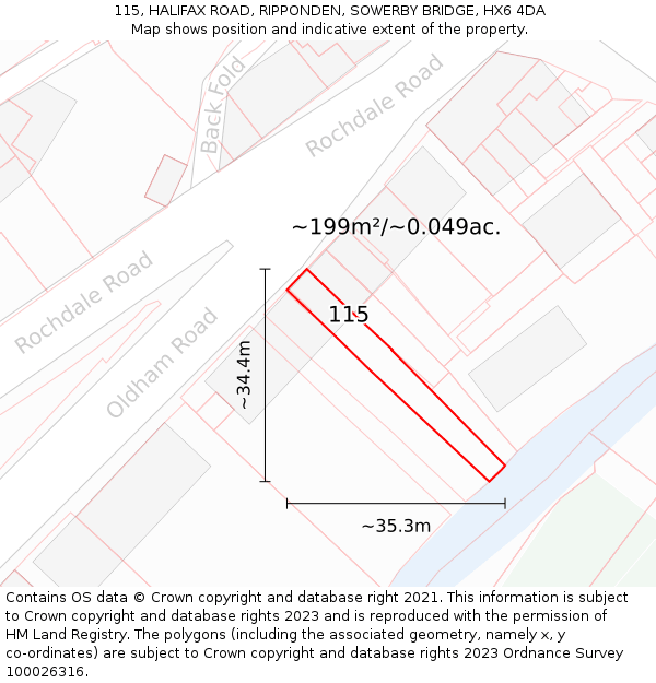 115, HALIFAX ROAD, RIPPONDEN, SOWERBY BRIDGE, HX6 4DA: Plot and title map